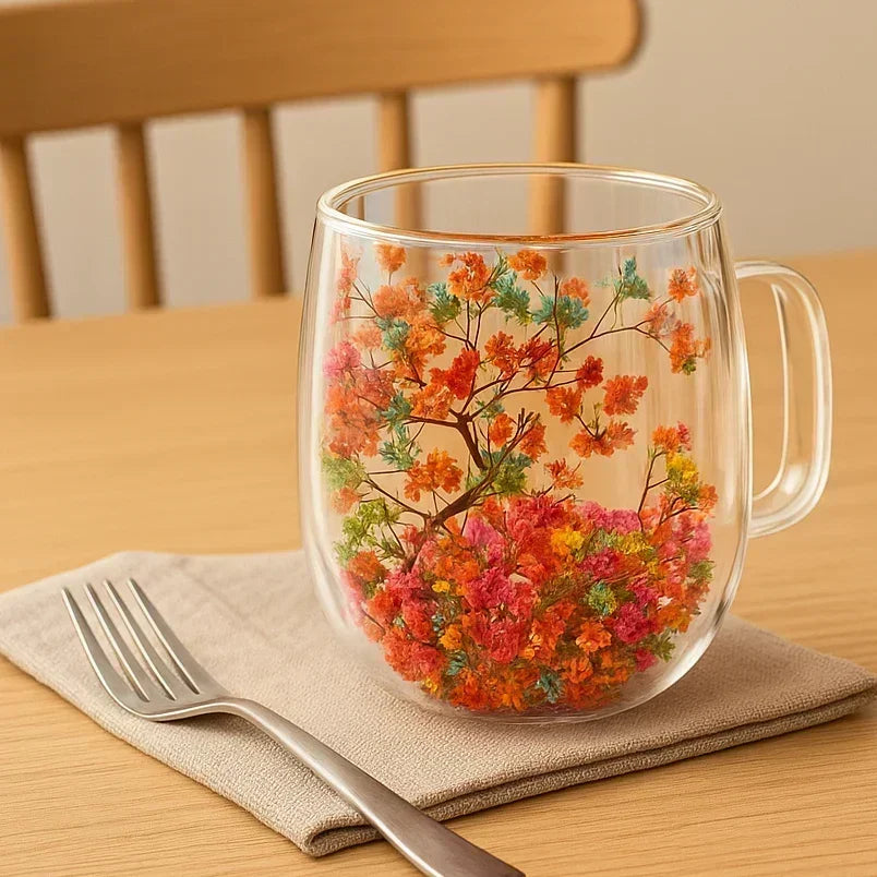 4 Pcs Pack Double-Wall Flower-Embedded Glass Mugs, Hand-Blown Glass Coffee Cups with Real Dried Flowers
