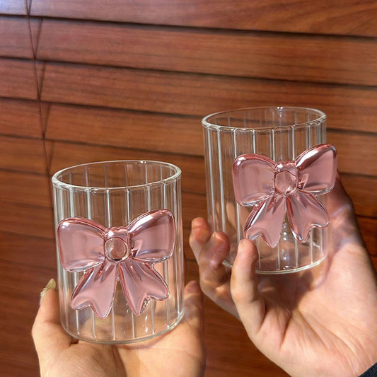 2pcs Pink bow handcrafted glass cup