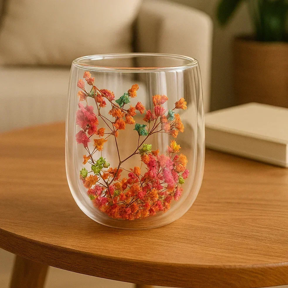 4 Pcs Pack Double-Wall Flower-Embedded Glass Mugs, Hand-Blown Glass Coffee Cups with Real Dried Flowers