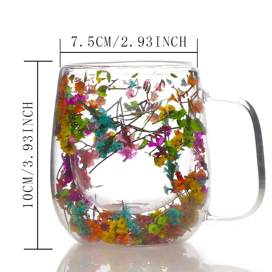 4 Pcs Pack Double-Wall Flower-Embedded Glass Mugs, Hand-Blown Glass Coffee Cups with Real Dried Flowers
