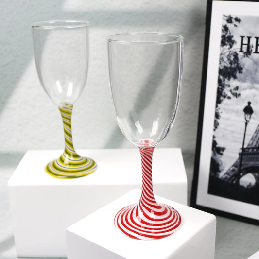 ‌2-Piece Striped Stemware: Hand-Blown Wine Glasses with Red/White & Yellow/Green Stripes for Home Bar & Party