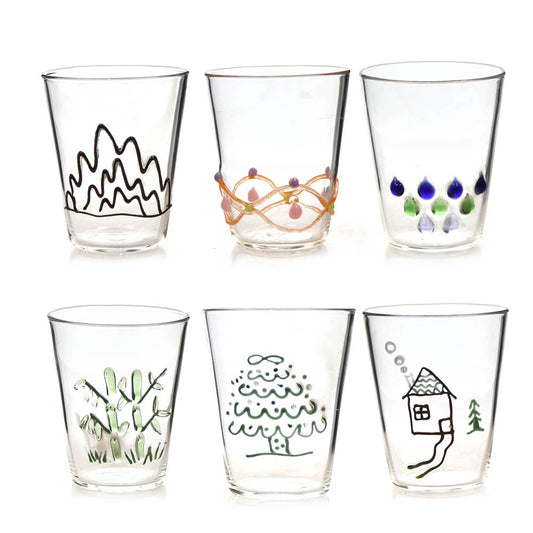 6 pcs pack Hand - Painted Glassware: Nature & Craft Intertwine, Golden Lines & Vibrant Colors Shine