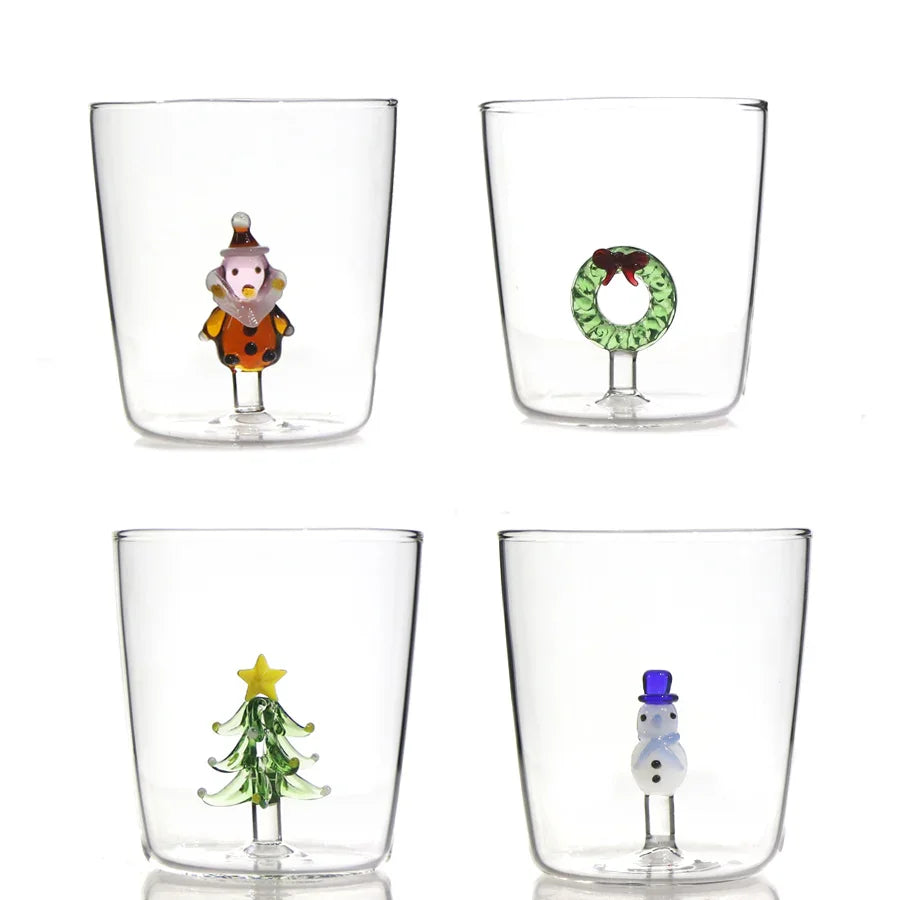 4 Pcs Pack Hand-blown borosilicate Christmas-themed drinking glasses set (4 unique designs)