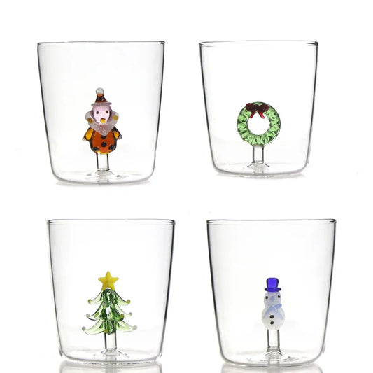 4 Pcs Pack Hand-blown borosilicate Christmas-themed drinking glasses set (4 unique designs)