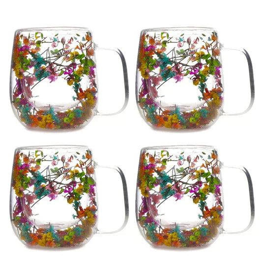 4 Pcs Pack Double-Wall Flower-Embedded Glass Mugs, Hand-Blown Glass Coffee Cups with Real Dried Flowers